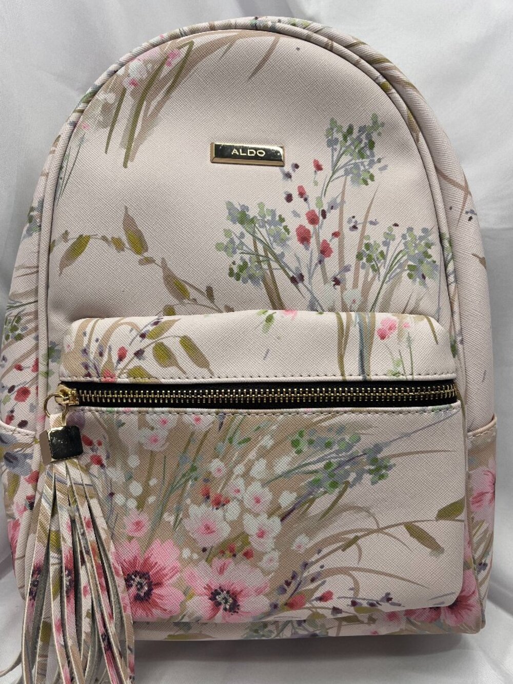 ALDO Floral Backpack Gold Chain Straps Tassel Pink Botanical Purse